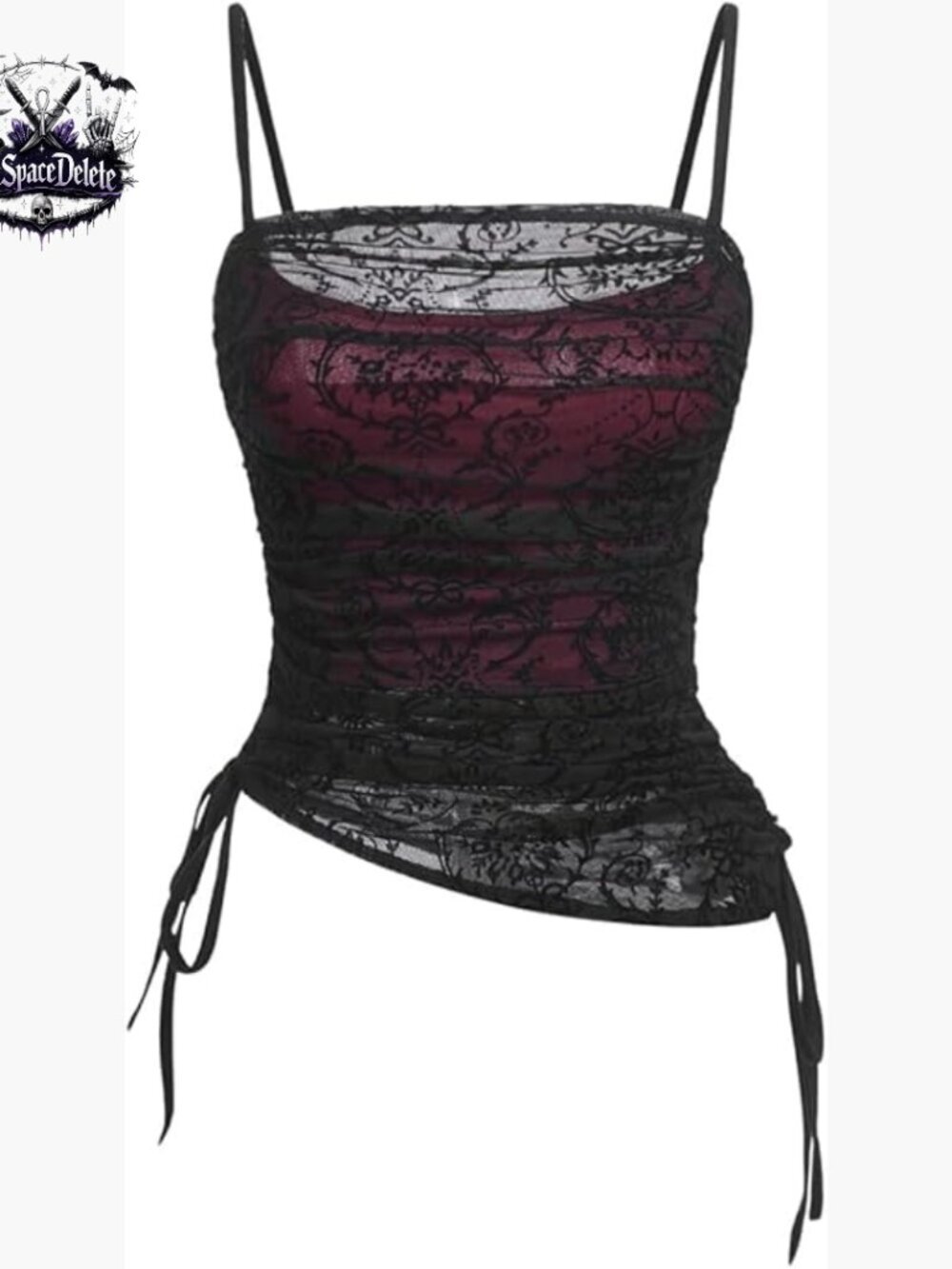 Goth Grunge Y2K Ruched Lace Cami Top Adjustable Strap Slim Fit